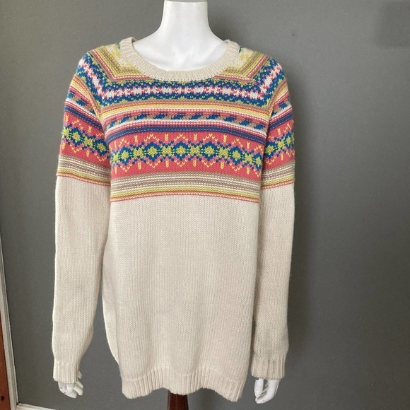 C Wonder Long Sweater fair isle‎ colorful cream soft wool blend Medium - Picture 2 of 8